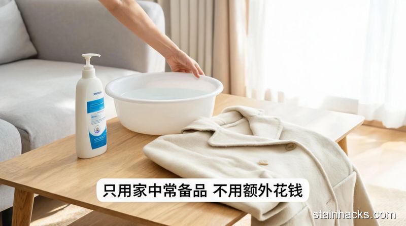 场景：居家客厅茶几，主体动作：手将普通洗发水、清水盆、羊毛大衣摆放在台面上，风格：清新明亮生活化，关键元素：配文字标注「只用家中常备品 不用额外花钱」，突出简单低成本