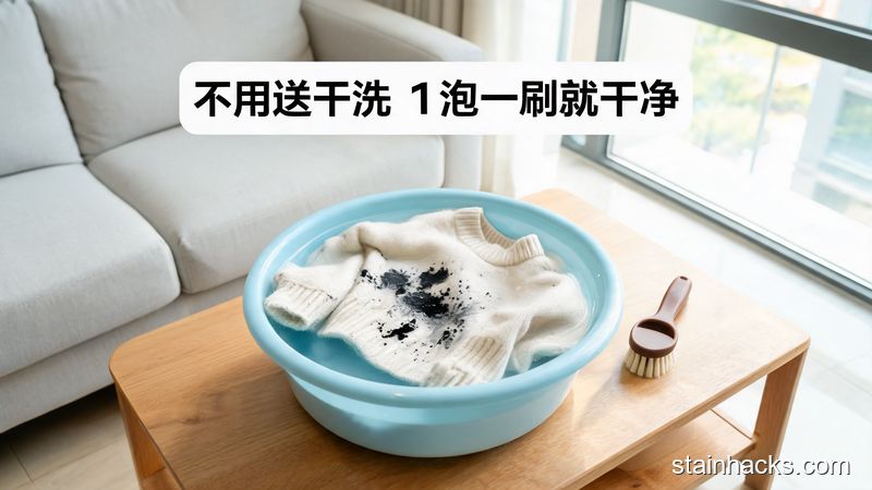 场景：客厅茶几，主体动作：把沾了墨水的毛料衣物放进溶液浸泡，旁边放小毛刷，风格：清新明亮生活化，关键元素：标注&ldquo;不用送干洗 1泡一刷就干净&rdquo;文字，突出省钱高效