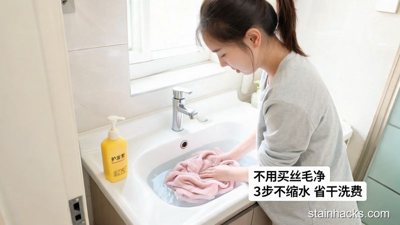清新明亮生活化场景，普通人在家洗手台边泡羊毛衫，旁边放着普通家用护发素，角落标注\