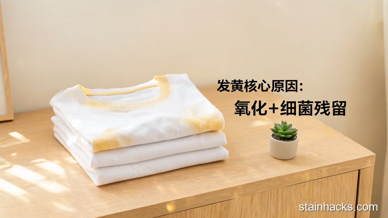 清新明亮居家场景,桌面上摆放一件叠放的发黄白T恤,旁边配文字标注“发黄核心原因:氧化+细菌残留”,风格接地气,突出简单易懂